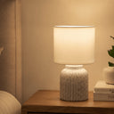 Luminária em Cerâmica com Cúpula Tecido Canelle Off White e Cinza